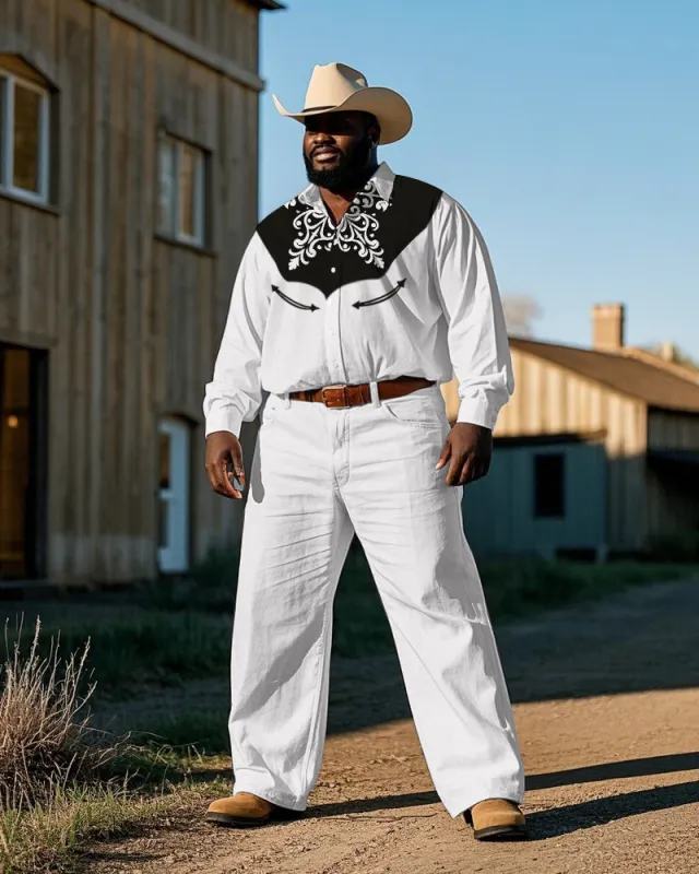 Men's Cowboy Western Style Vintage Embroidery Pattern Printed Big & Tall Long Sleeve Shirt Pants Set sold by Biggmans