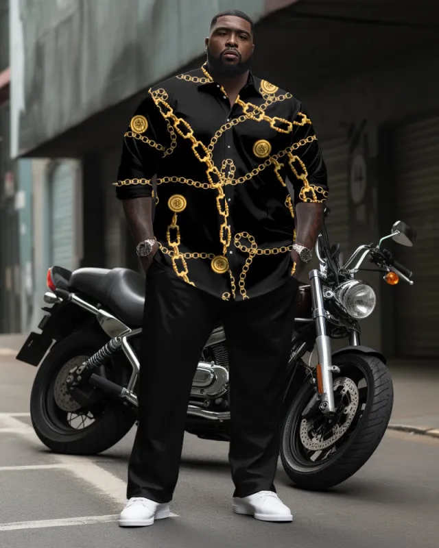 Chain Pattern Printed Long Sleeve Lapel Shirt 2 Piece Set Men's Plus Size sold by Biggmans