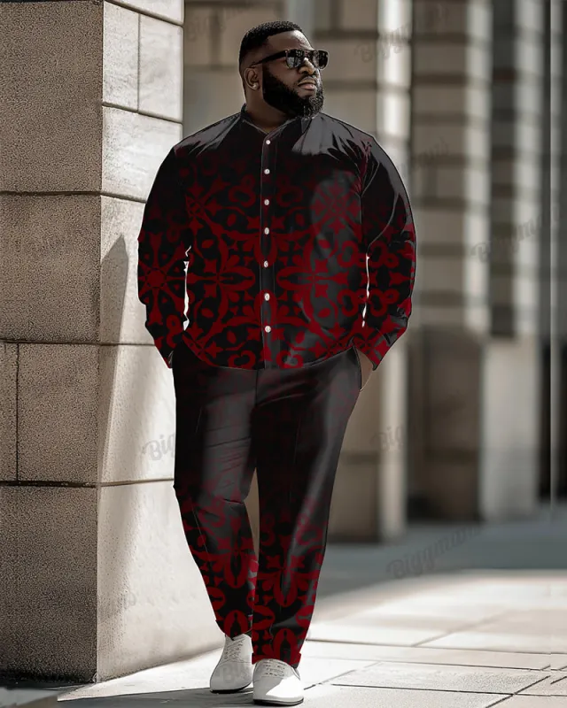 Vintage Gradient Jacquard Pattern Long Sleeve Lapel Shirt 2 Piece Set Men's Plus Size sold by Biggmans