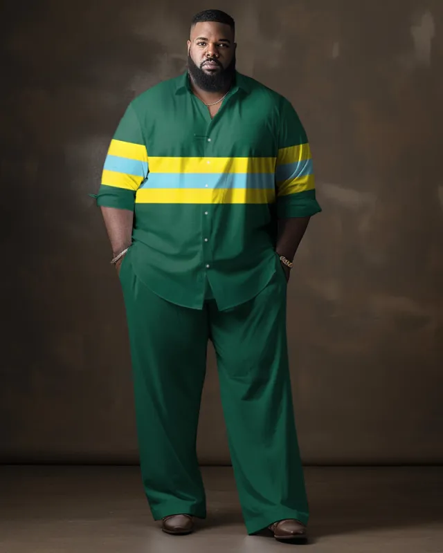 Men's Big & Tall Casual Gentleman Green and Yellow Colorblock Long Sleeve Lapel Shirt Set sold by Biggmans