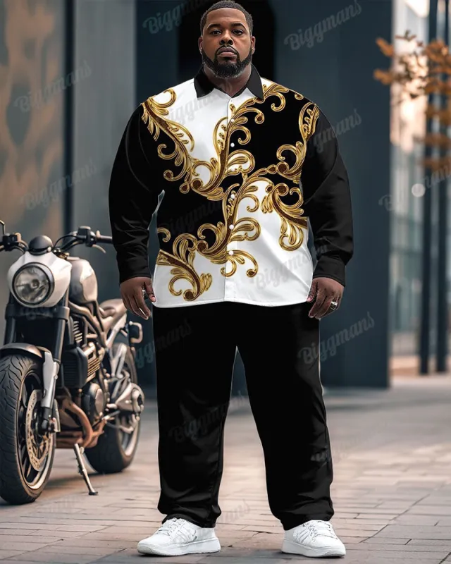 Men's Big & Tall Vintage Black And White Color Block Pattern Printing Long Sleeve Shirt Trousers Set sold by Biggmans
