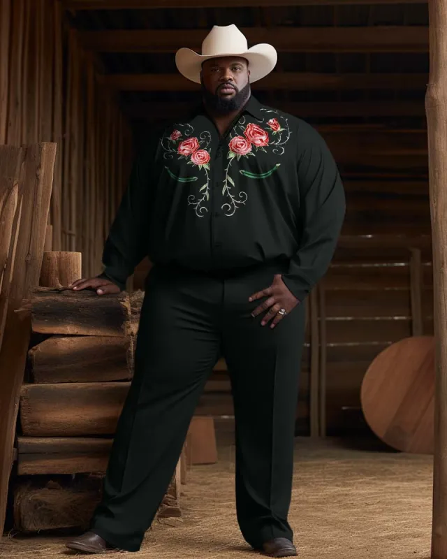 Western Cowboy Style Rose Flower Men's Plus Size Black Long Sleeve Trousers Two-Piece Set sold by Biggmans