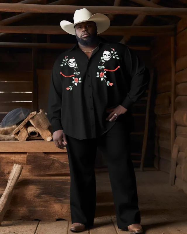 Men's Plus Size Western Denim Style Skull Floral Long Sleeve Trousers Two-Piece Set sold by Biggmans