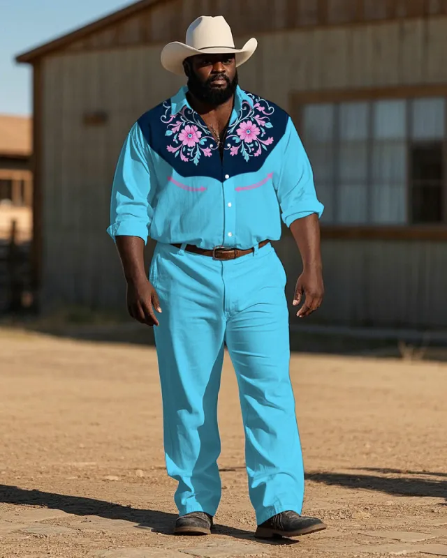 Big Men's Cowboy Western Style Retro Flower Pattern Printed Long Sleeve Shirt Pants Set sold by Biggmans