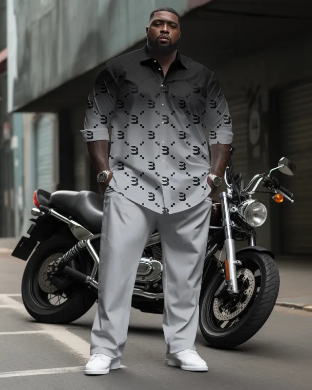 Big & Tall Men's Business Black Gray Gradient B Letter Pattern Printed Long Sleeve Shirt Trousers Suit sold by Biggmans