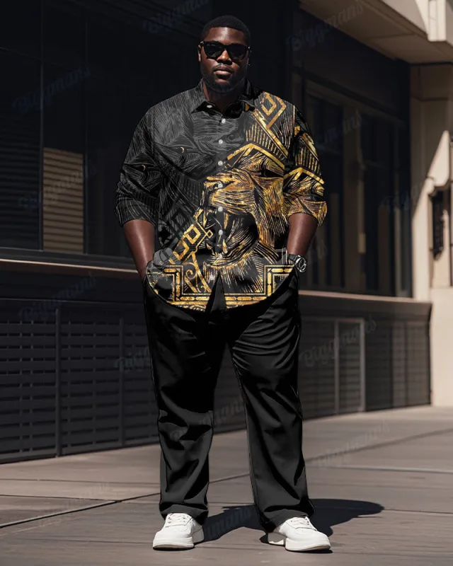 Men's Plus Size Black Color Block Vintage Lion Print Long Sleeve Shirt Trousers Suit sold by Biggmans