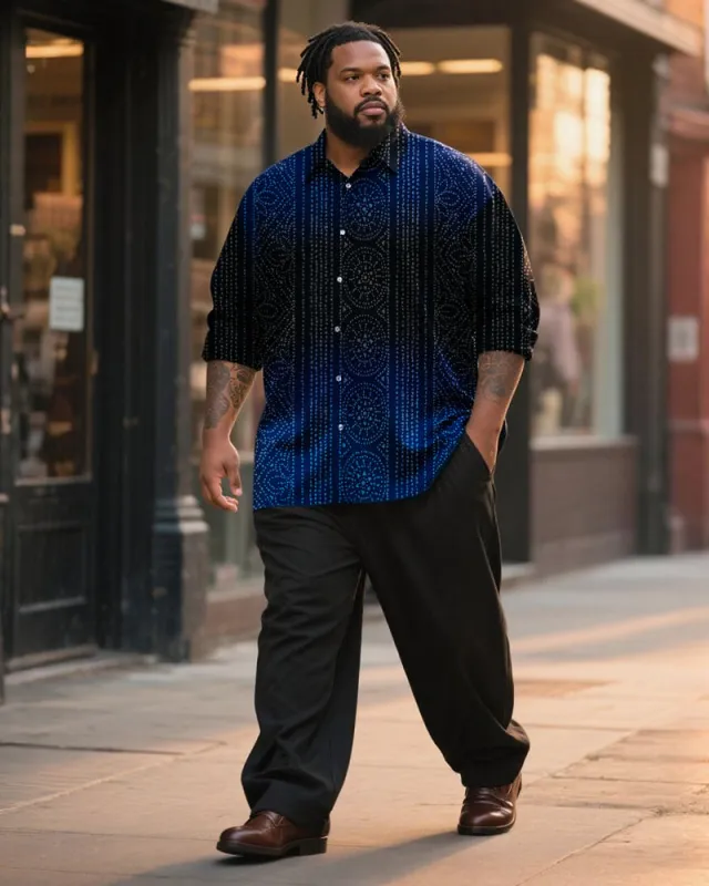 Big & Tall Men's Business Black And Blue Gradient Pattern Printed Long Sleeve Shirt Trousers Suit sold by Biggmans