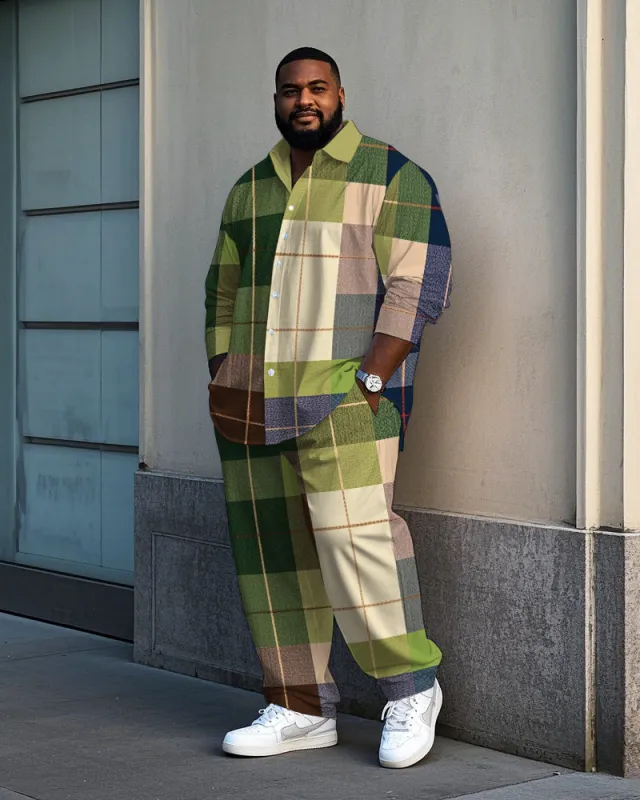 Big Men's Daily Casual Elegant Fresh Green Plaid Printed Long Sleeve Shirt Pants Set sold by Biggmans