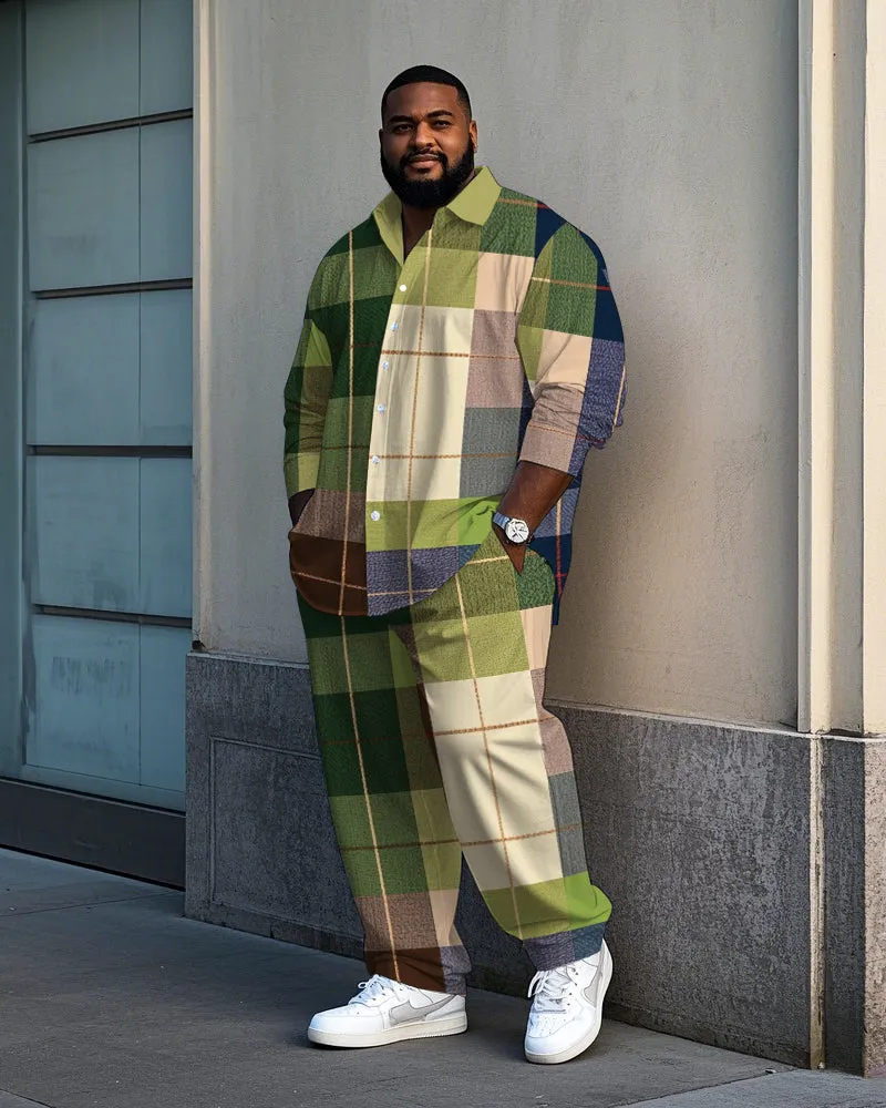 Big Men's Daily Casual Elegant Fresh Green Plaid Printed Long Sleeve Shirt Pants Set sold by Biggmans
