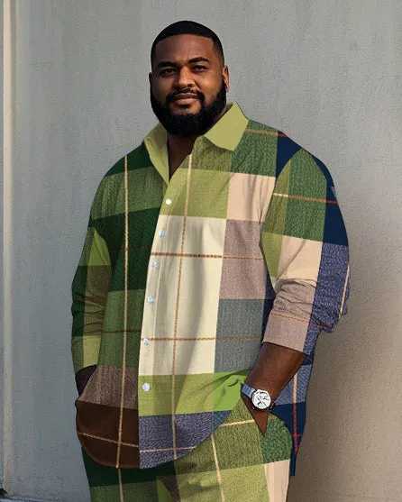 Big Men's Daily Casual Elegant Fresh Green Plaid Printed Long Sleeve Shirt Pants Set sold by Biggmans product image thumbnail 2