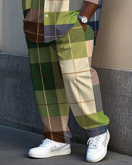 Big Men's Daily Casual Elegant Fresh Green Plaid Printed Long Sleeve Shirt Pants Set sold by Biggmans product image thumbnail 3