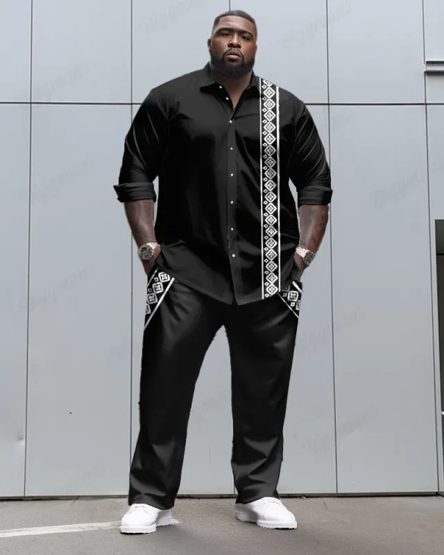 Geometric Pocket Patchwork Printed Long Sleeve Leverage Shirt 2 Piece Set Big Men's sold by Biggmans
