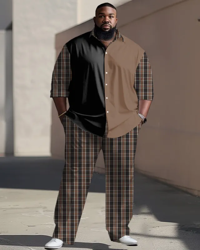 Patchwork Plaid Long-sleeved Lapel Shirt 2-piece Set Men's Plus Size sold by Biggmans