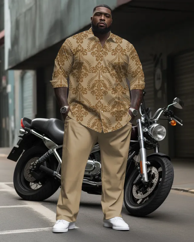 Big Guys High-grade Same Color Retro Pattern Printed Long-sleeve Lapel Shirt 2-piece Set made by Biggmans