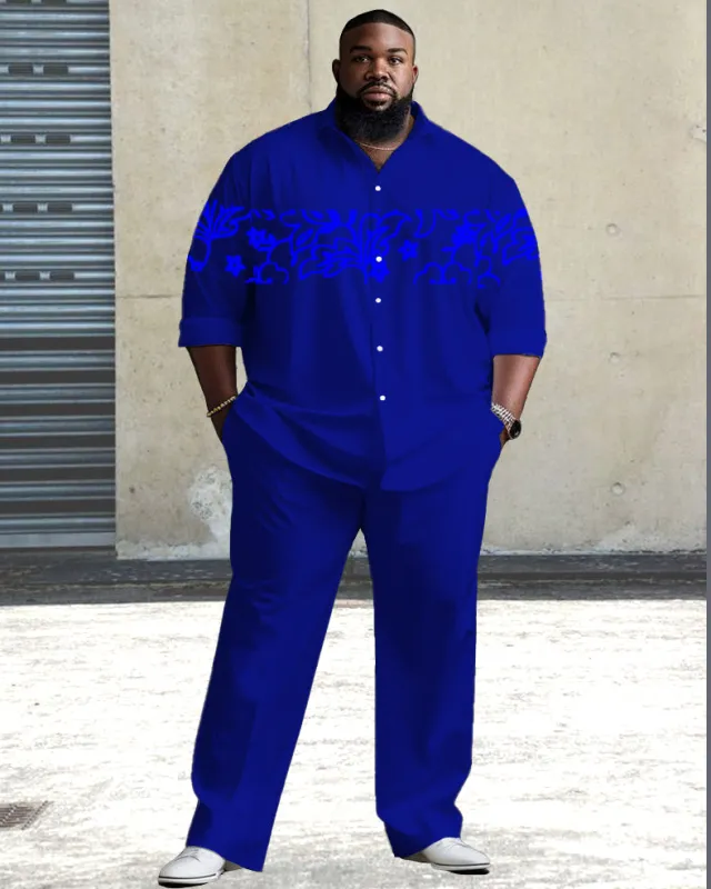 Big Men's Vintage Pattern Stitching Long Sleeve Lapel Shirt 2-piece Set sold by Biggmans