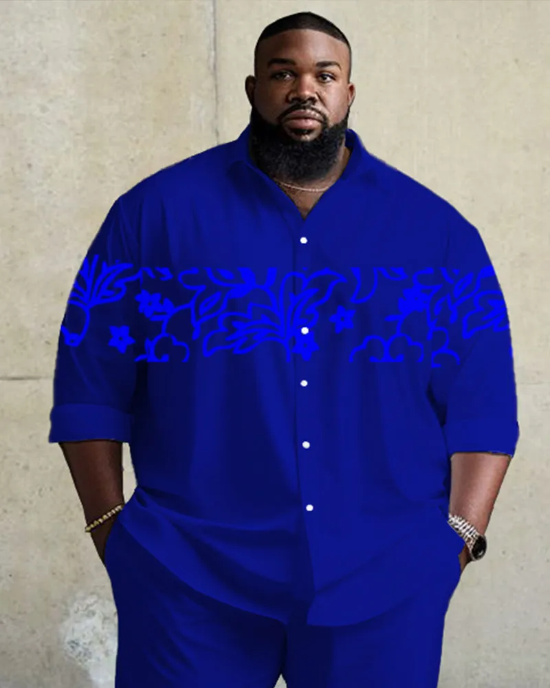 Big Men's Vintage Pattern Stitching Long Sleeve Lapel Shirt 2-piece Set sold by Biggmans product image thumbnail 2