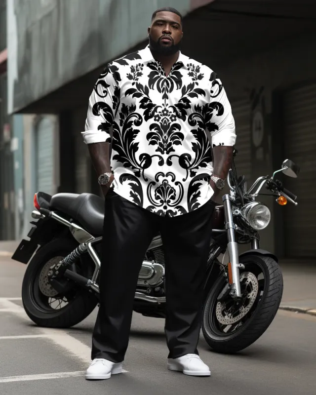 Men's Plus Size Monochrome Vintage Court Pattern Long Sleeve Lapel Shirt 2-piece Set sold by Biggmans