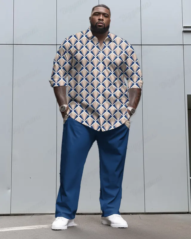 Geometric Design Textured Long Sleeve Lapel Shirt 2 Piece Set Men's Big and Tall sold by Biggmans