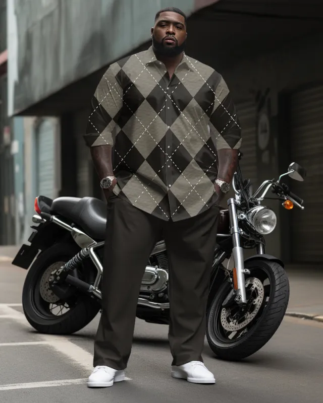 Men's Plus Size Classic Diamond Pattern Long Sleeve Lapel Shirt 2 Piece Set sold by Biggmans