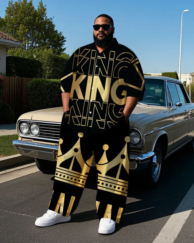Big Men's Street Style KING Crown Printed Outdoor long Sleeve Shirt Pants 2-Piece Set sold by Biggmans