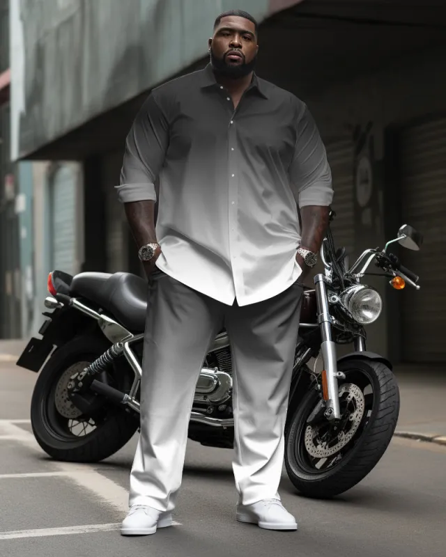 Simple Dark Gray Gradient Long Sleeve Lapel Shirt 2 Piece Set Men's Plus Size sold by Biggmans