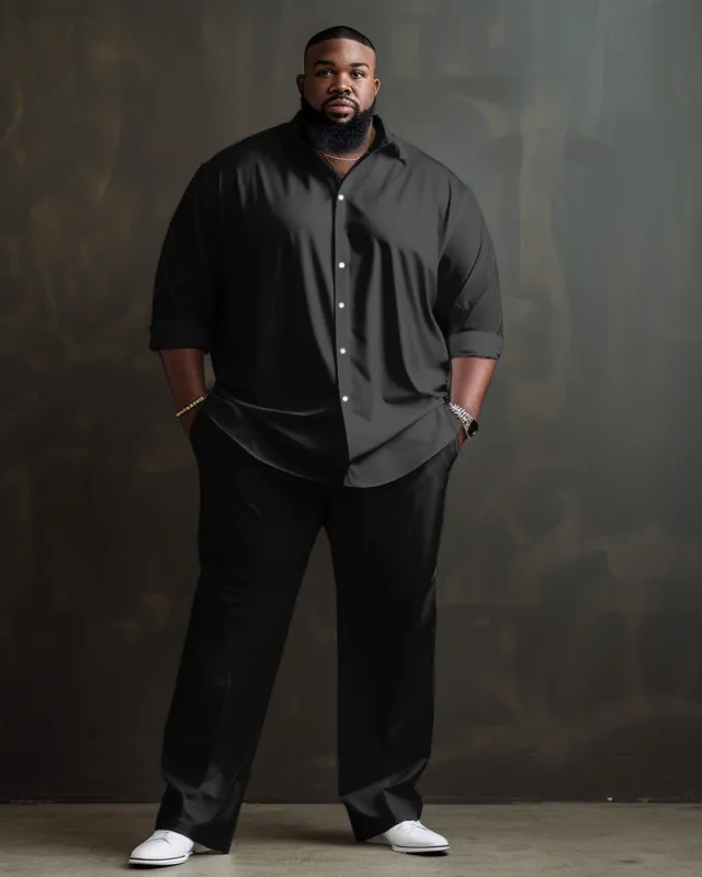 Solid Color Big Guys Long Sleeve Lapel Shirt and Pants Set sold by Biggmans