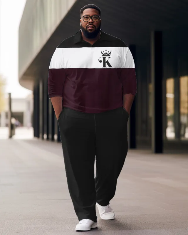 Men's Large Size Color Block King Simple Zipper Shirt And Pants Two-Piece Set sold by Biggmans