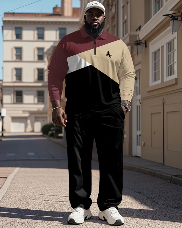 Men's Simple Wine Red Khaki Black Color Block Printed Zipper Polo Shirt Trousers Suit sold by Biggmans