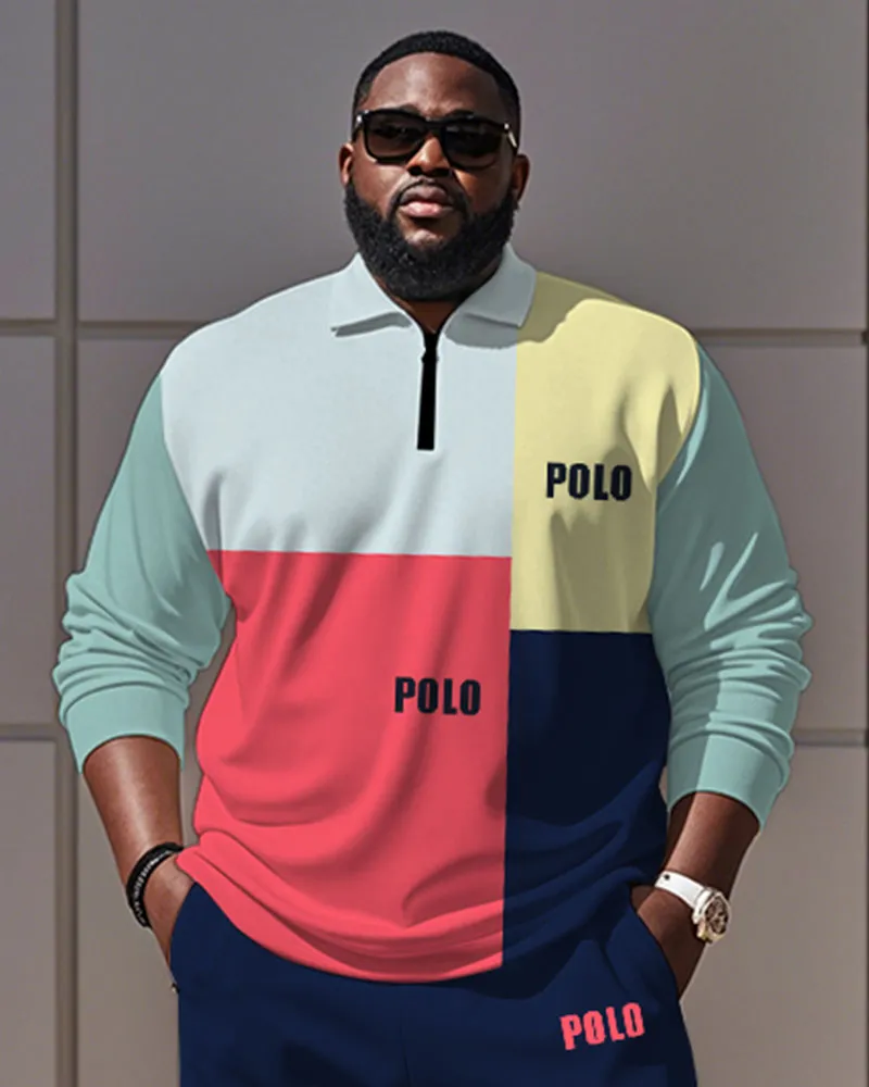 Men's Simple Colorful Colorblock Alphabet Print Polo Shirt Zipper Pants Suit sold by Biggmans product image thumbnail 2