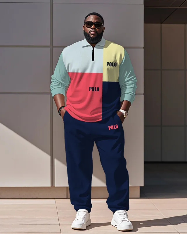 Men's Simple Colorful Colorblock Alphabet Print Polo Shirt Zipper Pants Suit sold by Biggmans