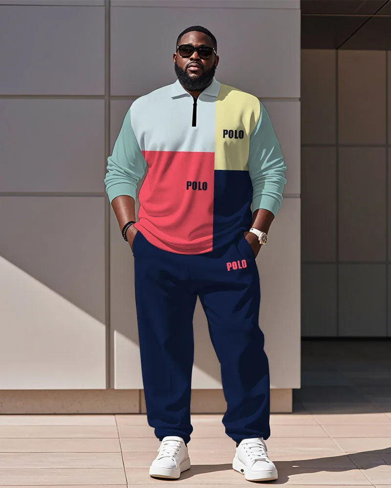 Men's Simple Colorful Colorblock Alphabet Print Polo Shirt Zipper Pants Suit sold by Biggmans