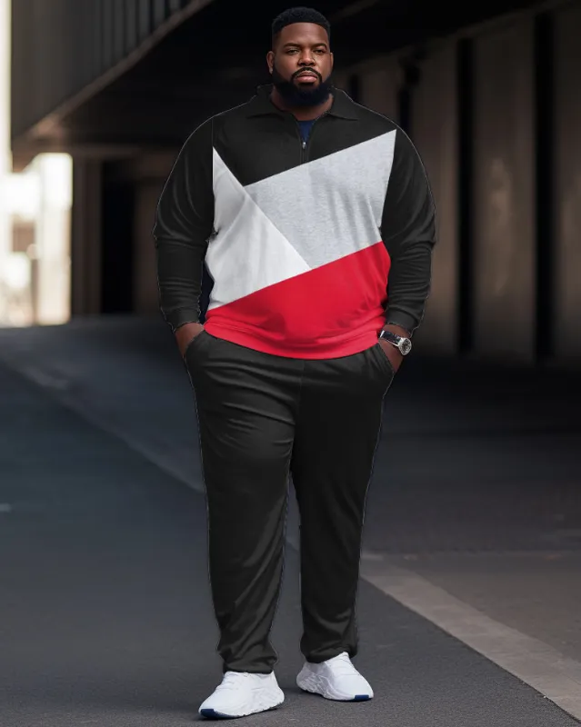 Men's Plus Size Color Block Graphic Simple Style Zip Shirt and Pants Two Piece Set sold by Biggmans