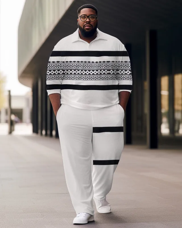 Men's Large Size Simple Striped Jacquard Sports Zip Shirt and Pants Two-Piece Set sold by Biggmans