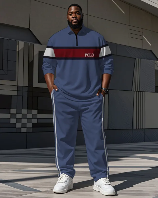 Men's Simple Blue And White Color-block Striped Alphabet Print Polo Shirt Zipper Pants Suit sold by Biggmans