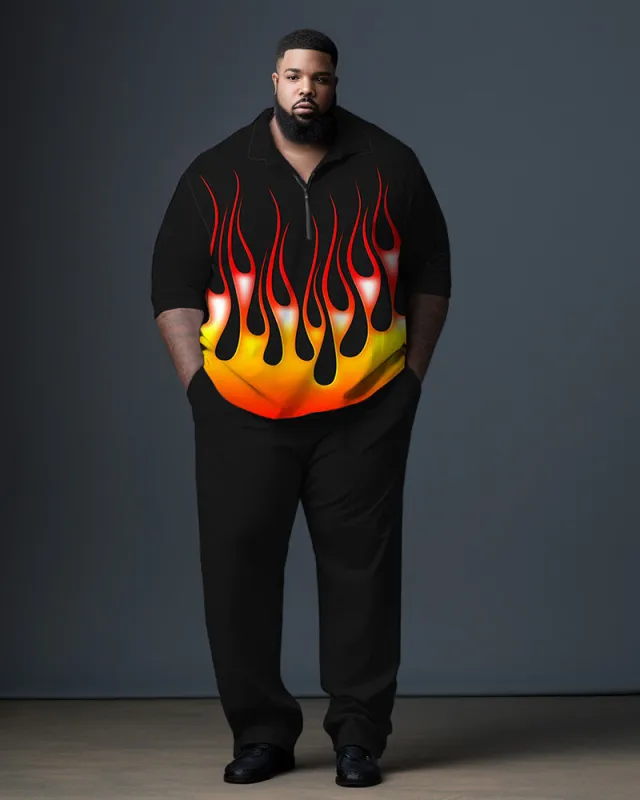 Men's Plus Size Black Flame Gradient Gentleman Business Polo Zipper Shirt and Pants Two-piece Set sold by Biggmans