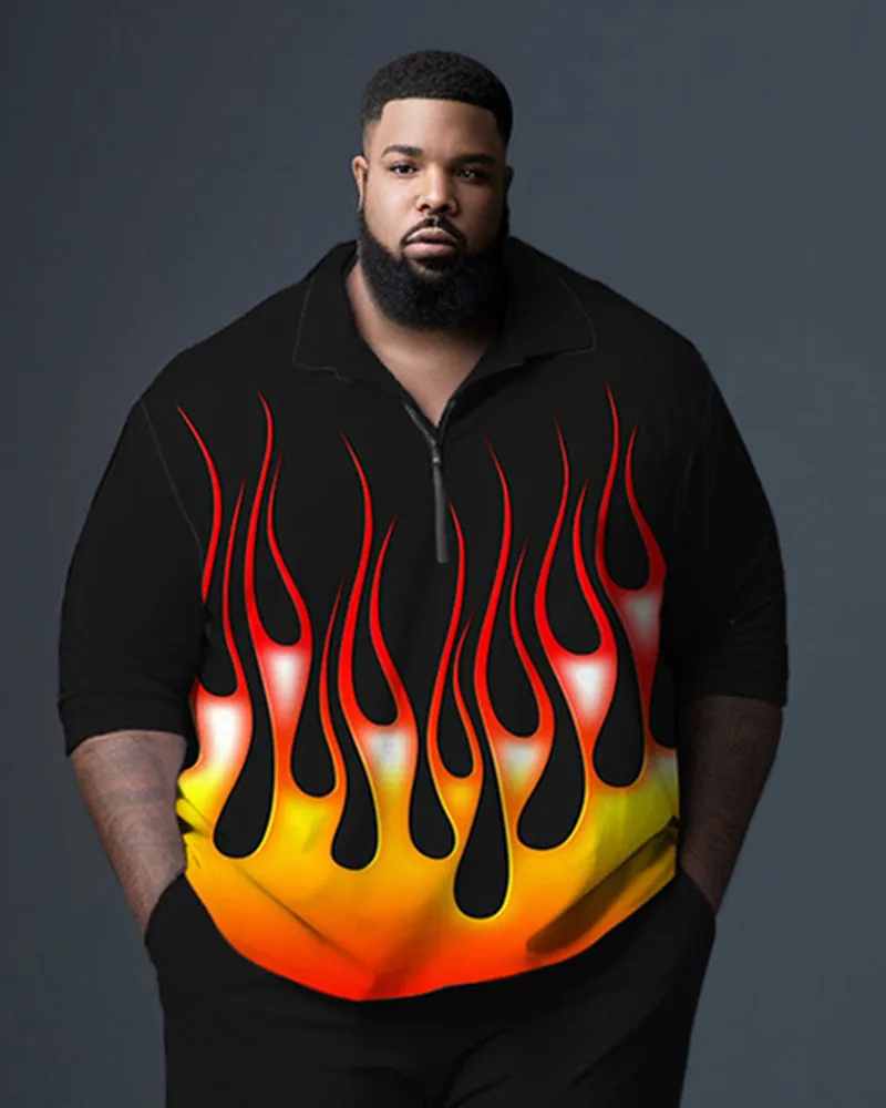 Men's Plus Size Black Flame Gradient Gentleman Business Polo Zipper Shirt and Pants Two-piece Set sold by Biggmans product image thumbnail 2