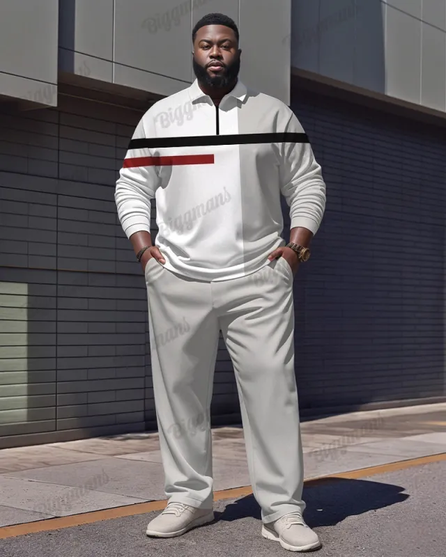 Men's Simple Light Gray Contrast Stripe Print Polo Shirt Zipper Pants Suit sold by Biggmans