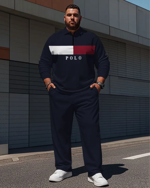 Men's Simple Blue Colorblock Striped Alphabet Print Polo Shirt Zipper Pants Suit sold by Biggmans