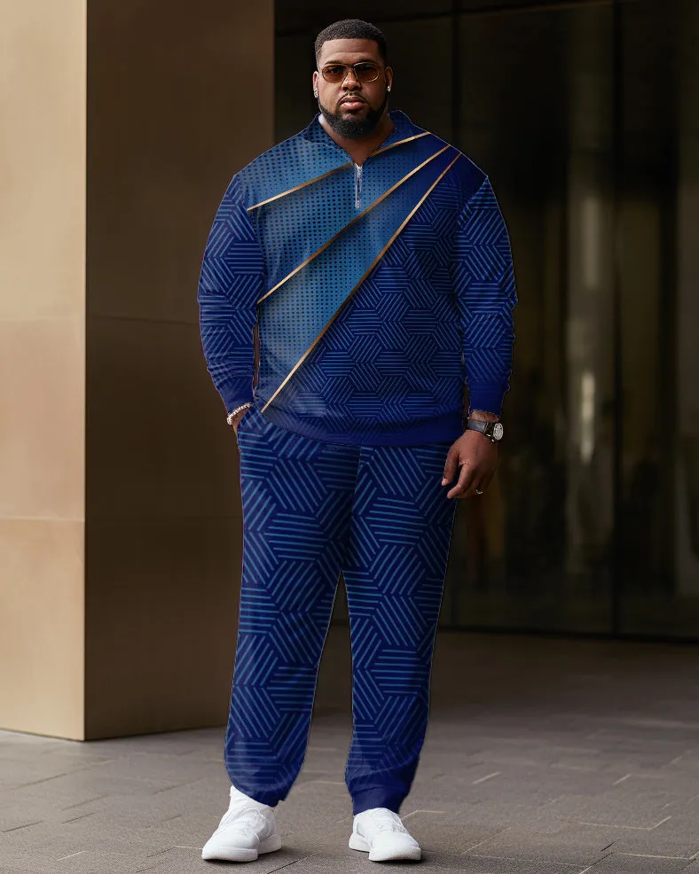 Men's Large Size Geometric Zipper Polo Shirt and Pants Two-piece Set sold by Biggmans
