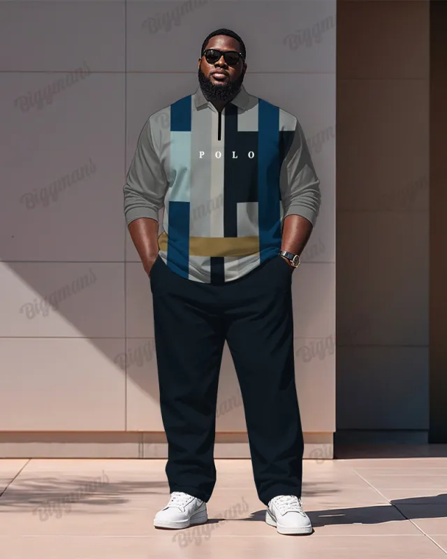 Men's Simple Blue Geometric Stripe Print Polo Shirt Zipper Pants Suit sold by Biggmans