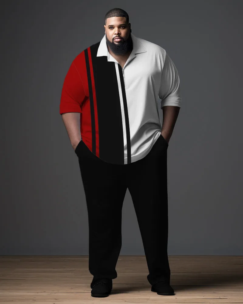 Men's Big & Tall Gentleman Striped Color Block Polo Zip Shirt and Pants Two Piece Set sold by Biggmans
