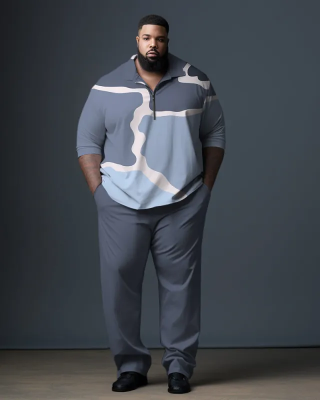 Men's Blue Big and Tall Gentleman's Camo Polo Zip Shirt and Pants Two-Piece Set sold by Biggmans