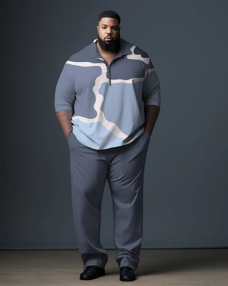 Men's Blue Big and Tall Gentleman's Camo Polo Zip Shirt and Pants Two-Piece Set sold by Biggmans