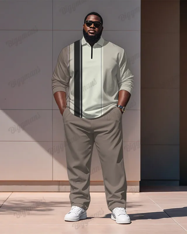 Men's Simple Khaki Stripe Print Polo Shirt Zipper Pants Suit sold by Biggmans