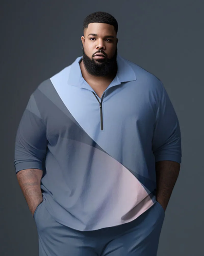 Big Men's Blue Gradient Gentleman Business Polo Zipper Shirt and Pants Two-piece Set sold by Biggmans product image thumbnail 2