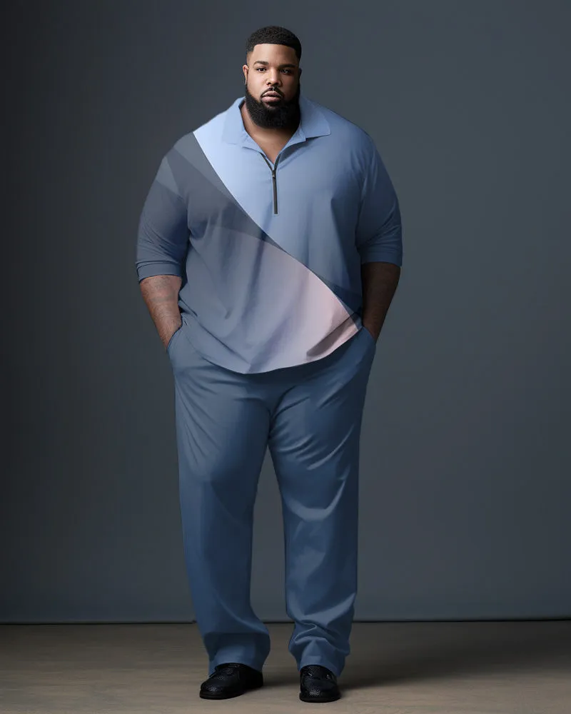 Big Men's Blue Gradient Gentleman Business Polo Zipper Shirt and Pants Two-piece Set sold by Biggmans