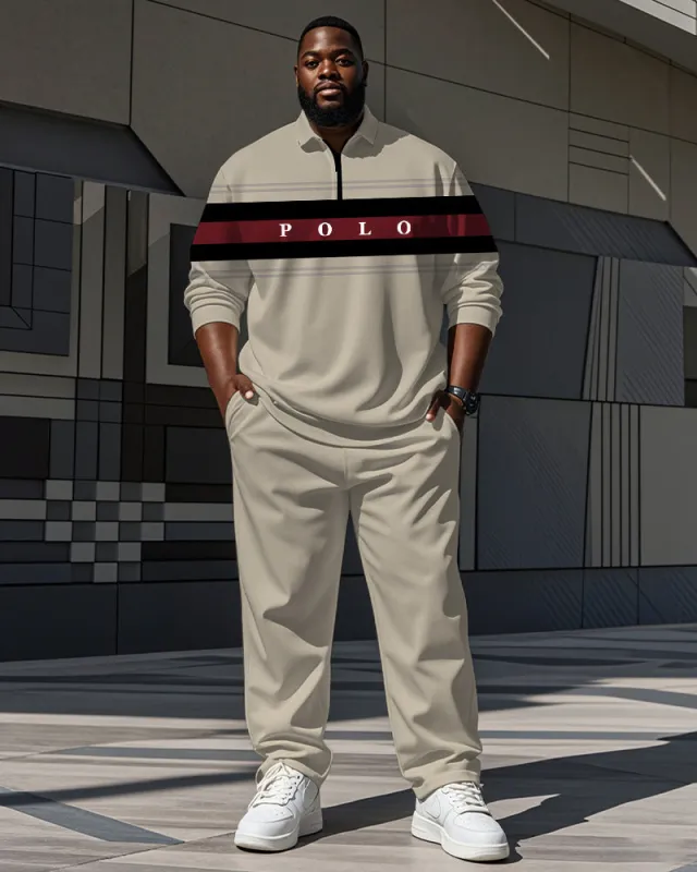 Men's Big & Tall Simple Khaki Striped Alphabet Print Polo Shirt Zipper Pants Set sold by Biggmans