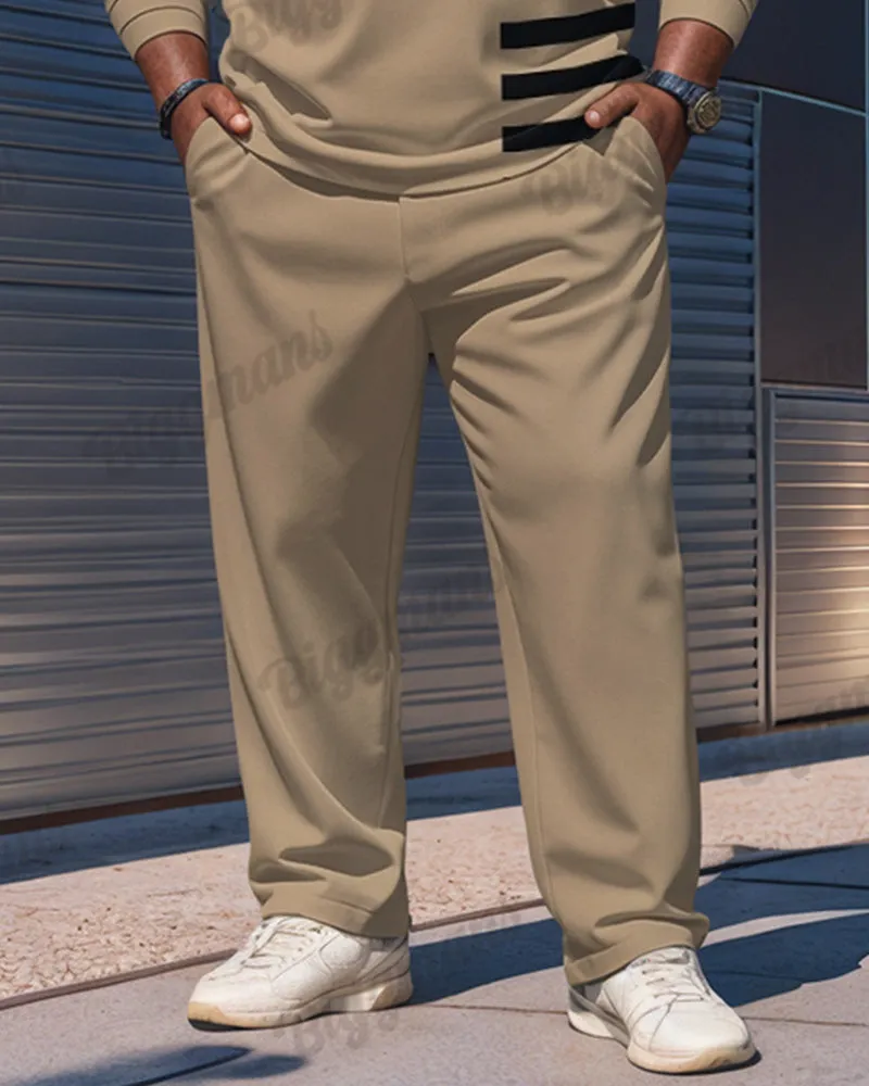 Big Guy's Simple Khaki Striped Alphabet Print Polo Shirt Zipper Pants Set sold by Biggmans product image thumbnail 3