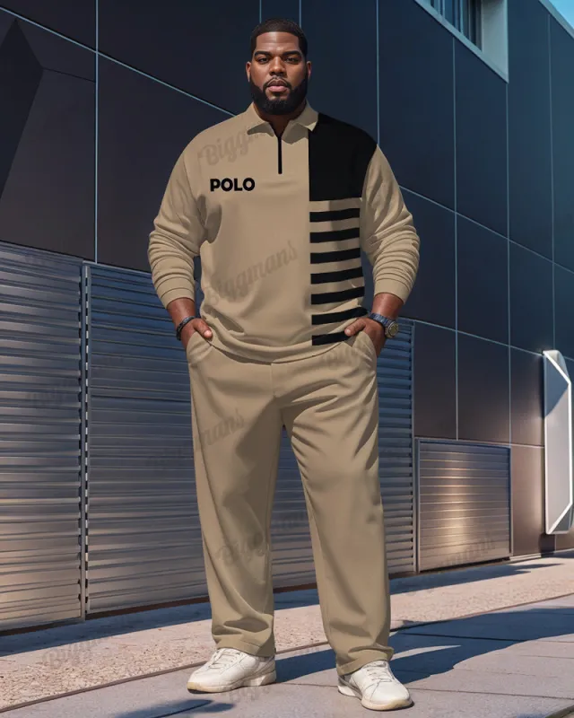 Big Guy's Simple Khaki Striped Alphabet Print Polo Shirt Zipper Pants Set sold by Biggmans