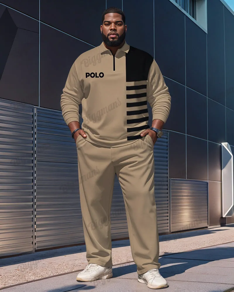 Big Guy's Simple Khaki Striped Alphabet Print Polo Shirt Zipper Pants Set sold by Biggmans